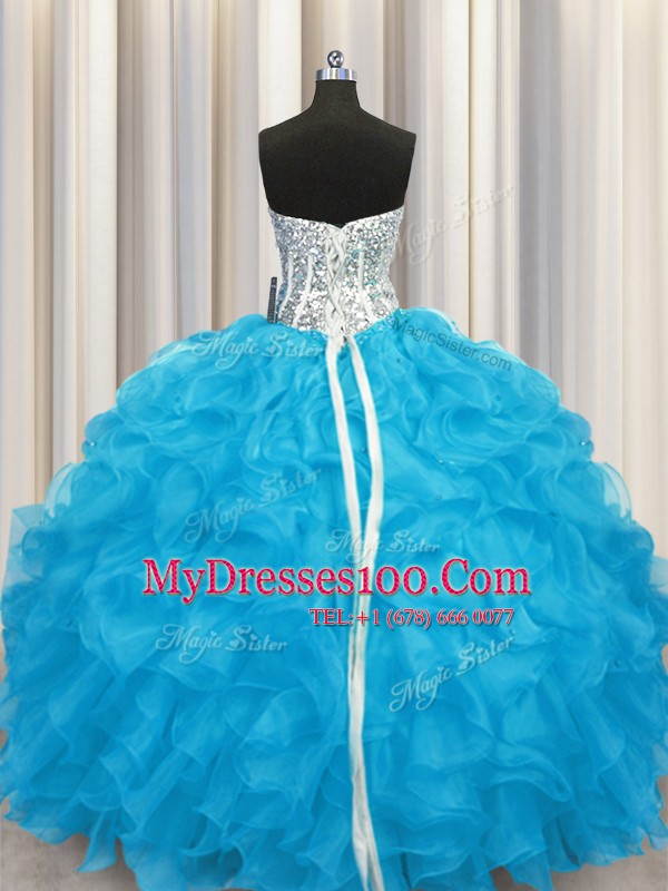 Comfortable Aqua Blue Lace Up Quinceanera Dresses Beading and Ruffles Long Sleeves Floor Length