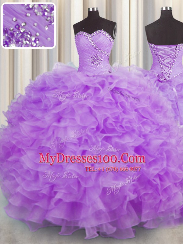 Shining Sweetheart Sleeveless Lace Up Ball Gown Prom Dress Lilac Organza
