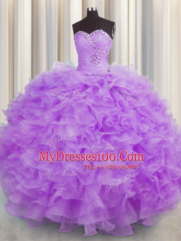 Shining Sweetheart Sleeveless Lace Up Ball Gown Prom Dress Lilac Organza