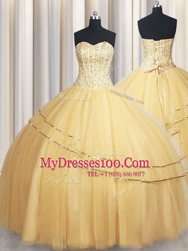 Visible Boning Big Puffy Floor Length Lace Up Ball Gown Prom Dress Champagne for Military Ball and Sweet 16 and Quinceanera with Beading and Ruching