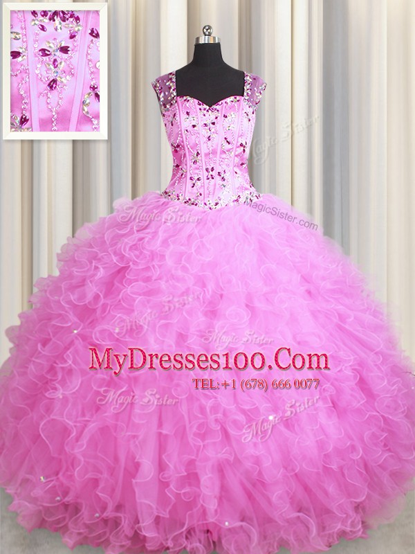 See Through Zipper Up Square Sleeveless Quinceanera Dresses Floor Length Beading and Ruffles Rose Pink Tulle