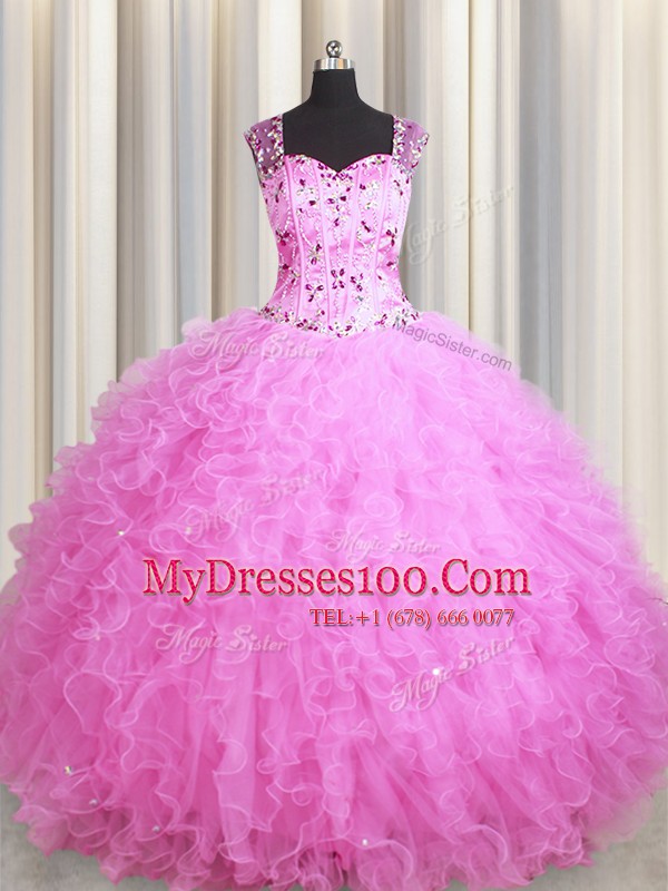 See Through Zipper Up Square Sleeveless Quinceanera Dresses Floor Length Beading and Ruffles Rose Pink Tulle