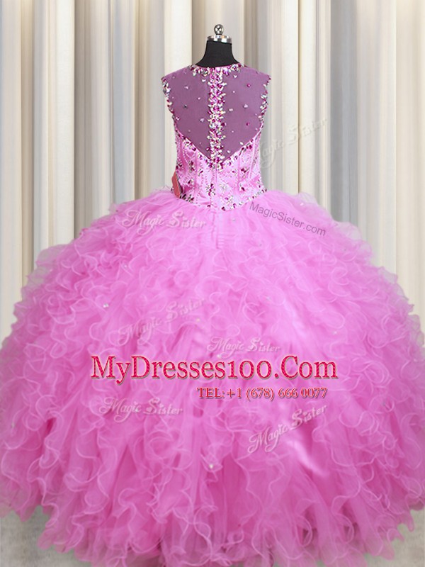 See Through Zipper Up Square Sleeveless Quinceanera Dresses Floor Length Beading and Ruffles Rose Pink Tulle