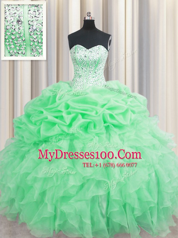 Charming Visible Boning Floor Length Lace Up Quinceanera Dress Apple Green for Military Ball and Sweet 16 and Quinceanera with Beading and Ruffles and Pick Ups