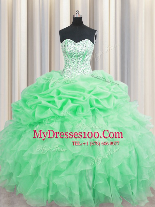 Charming Visible Boning Floor Length Lace Up Quinceanera Dress Apple Green for Military Ball and Sweet 16 and Quinceanera with Beading and Ruffles and Pick Ups