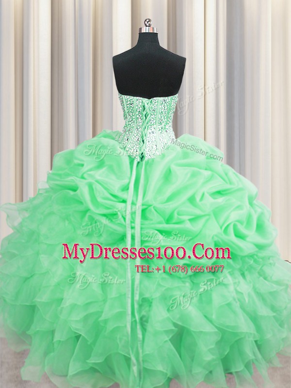 Charming Visible Boning Floor Length Lace Up Quinceanera Dress Apple Green for Military Ball and Sweet 16 and Quinceanera with Beading and Ruffles and Pick Ups
