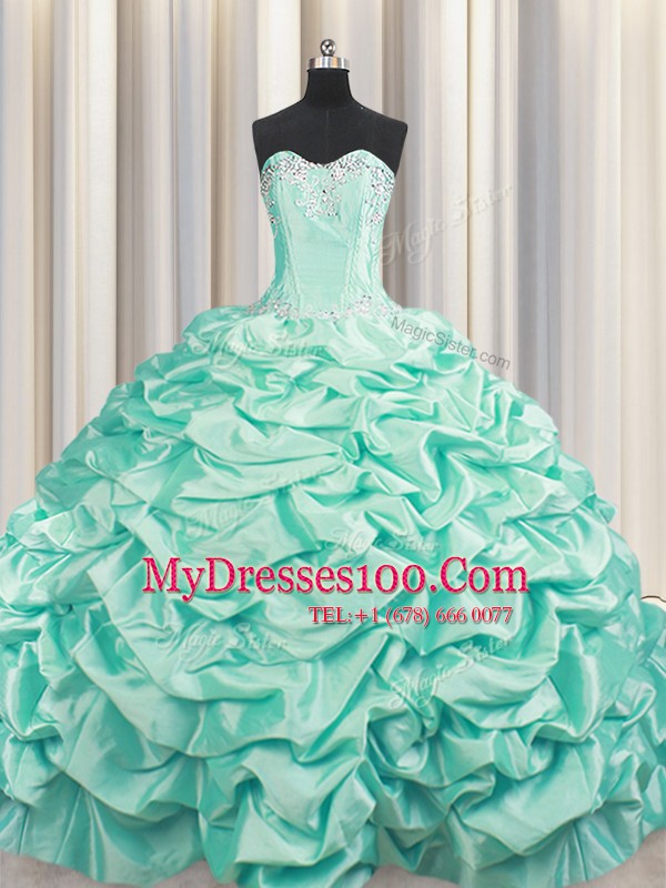Vintage Brush Train Apple Green Lace Up Sweetheart Beading and Pick Ups Sweet 16 Dress Taffeta Sleeveless
