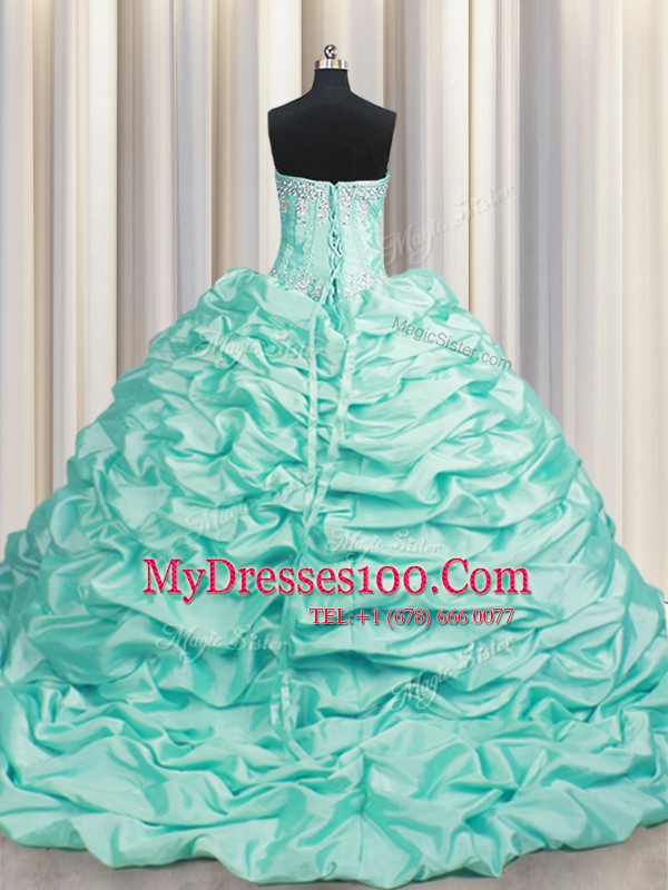 Vintage Brush Train Apple Green Lace Up Sweetheart Beading and Pick Ups Sweet 16 Dress Taffeta Sleeveless