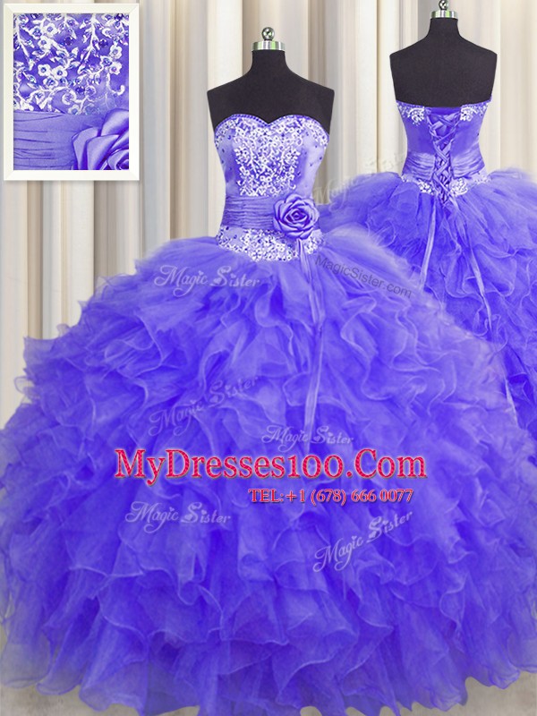 Pretty Handcrafted Flower Organza Sleeveless Floor Length Quinceanera Gown and Beading and Ruffles and Hand Made Flower
