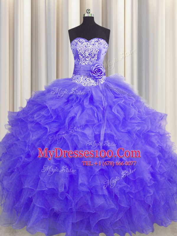 Pretty Handcrafted Flower Organza Sleeveless Floor Length Quinceanera Gown and Beading and Ruffles and Hand Made Flower