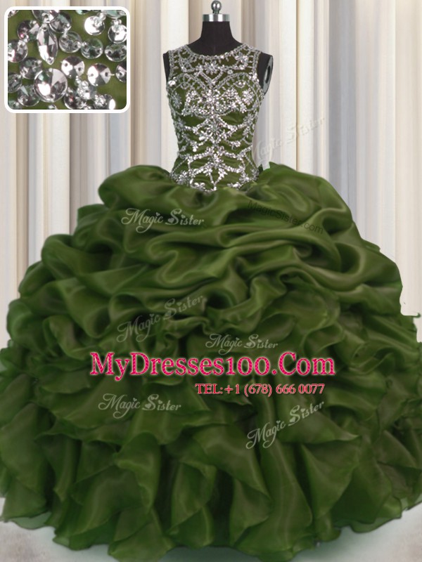 Captivating See Through Olive Green Sleeveless Floor Length Beading and Pick Ups Lace Up Ball Gown Prom Dress