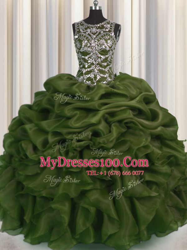 Captivating See Through Olive Green Sleeveless Floor Length Beading and Pick Ups Lace Up Ball Gown Prom Dress