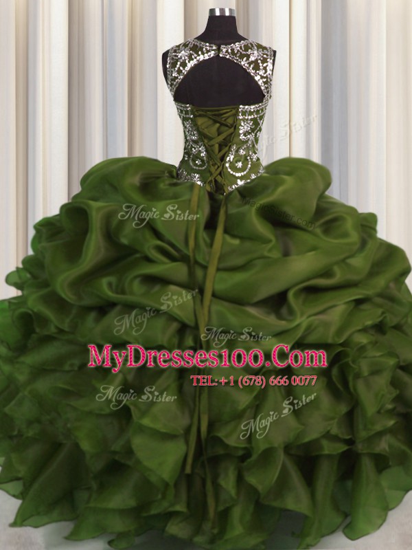 Captivating See Through Olive Green Sleeveless Floor Length Beading and Pick Ups Lace Up Ball Gown Prom Dress