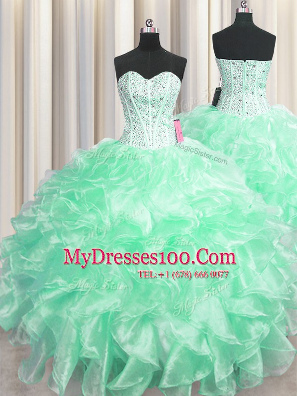 Designer Visible Boning Organza Sweetheart Sleeveless Zipper Beading and Ruffles Quinceanera Gown in Apple Green