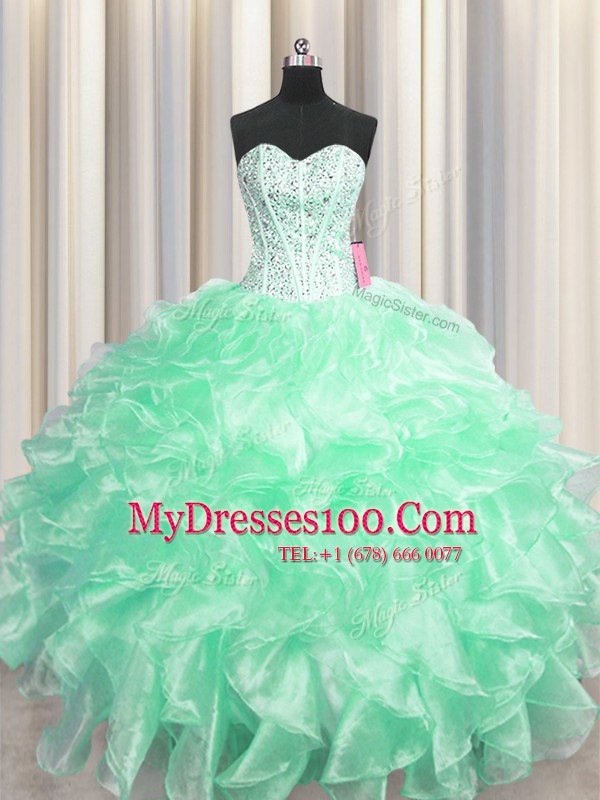 Designer Visible Boning Organza Sweetheart Sleeveless Zipper Beading and Ruffles Quinceanera Gown in Apple Green