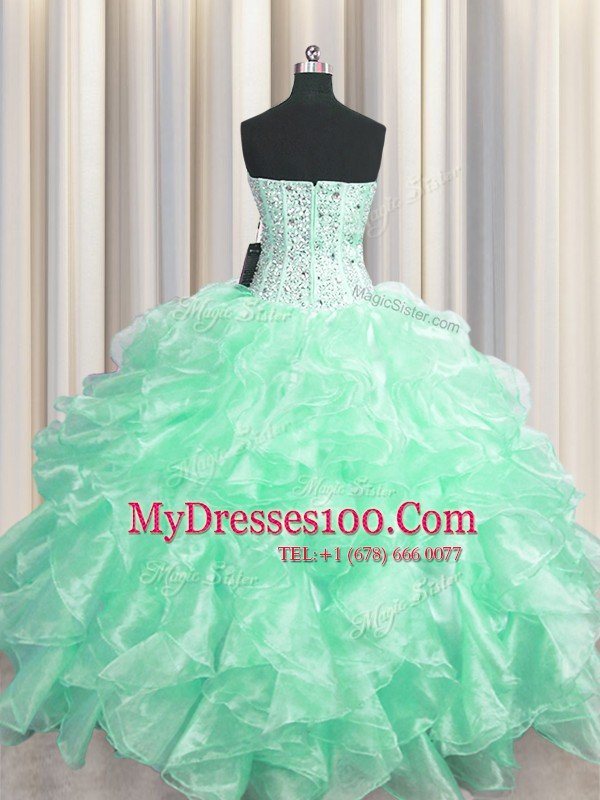 Designer Visible Boning Organza Sweetheart Sleeveless Zipper Beading and Ruffles Quinceanera Gown in Apple Green
