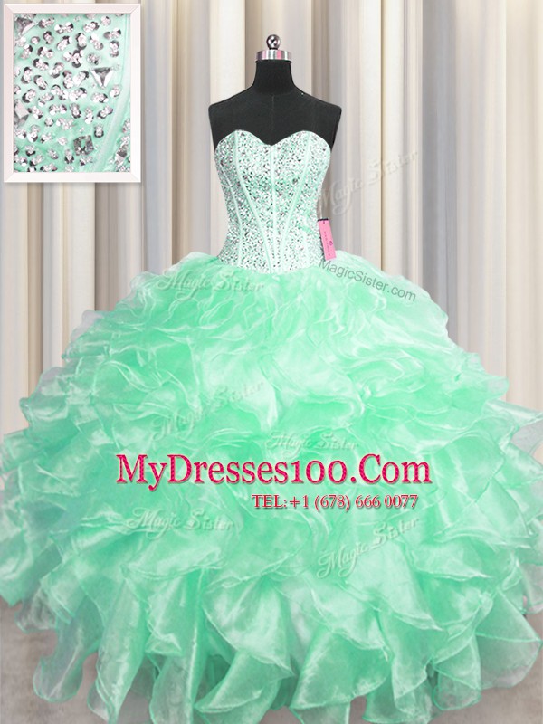 Designer Visible Boning Organza Sweetheart Sleeveless Zipper Beading and Ruffles Quinceanera Gown in Apple Green
