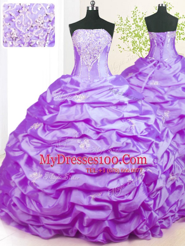 Lavender Sleeveless Sweep Train Beading With Train Ball Gown Prom Dress