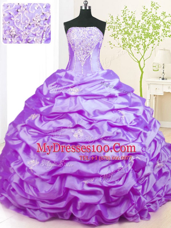 Lavender Sleeveless Sweep Train Beading With Train Ball Gown Prom Dress