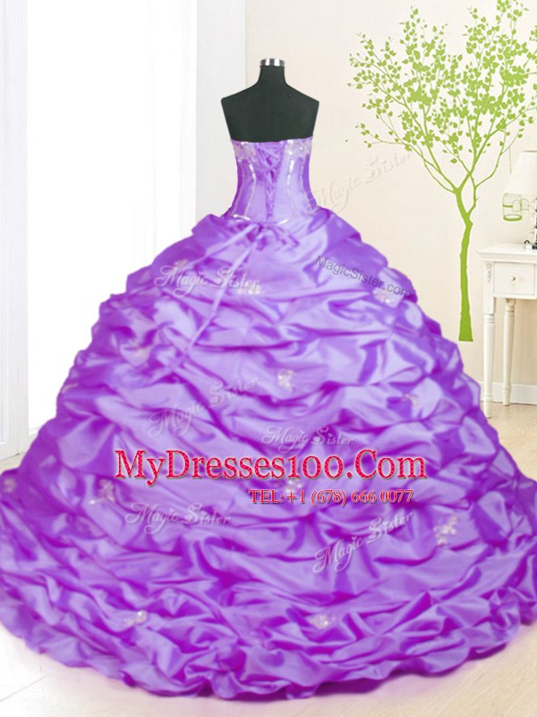 Lavender Sleeveless Sweep Train Beading With Train Ball Gown Prom Dress