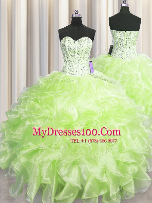Visible Boning Floor Length Yellow Green Quinceanera Gowns Organza Sleeveless Beading and Ruffles