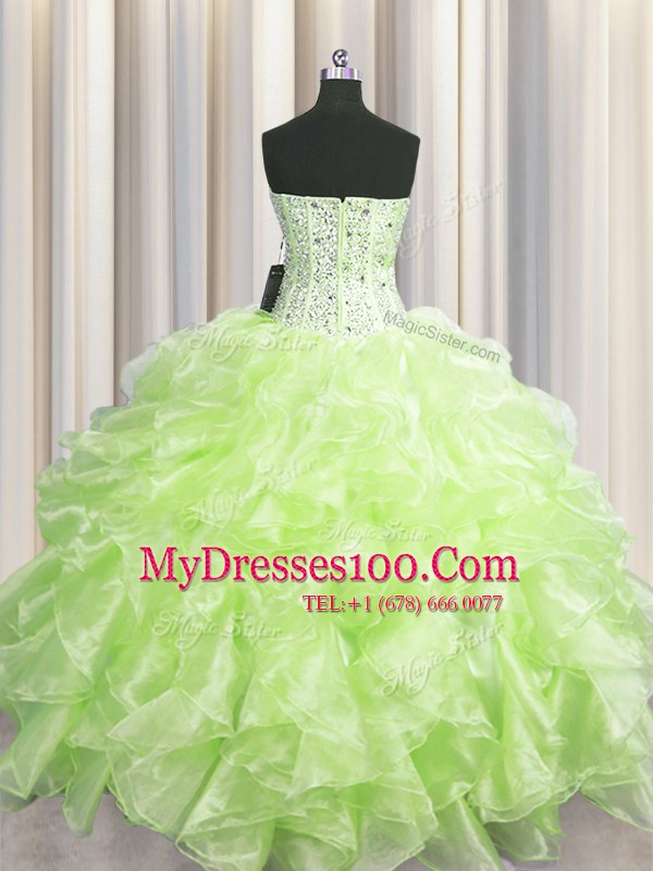 Visible Boning Floor Length Yellow Green Quinceanera Gowns Organza Sleeveless Beading and Ruffles