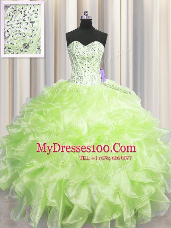 Visible Boning Floor Length Yellow Green Quinceanera Gowns Organza Sleeveless Beading and Ruffles
