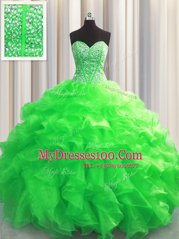 Sophisticated Visible Boning Green Sleeveless Organza Lace Up Sweet 16 Dresses for Military Ball and Sweet 16 and Quinceanera