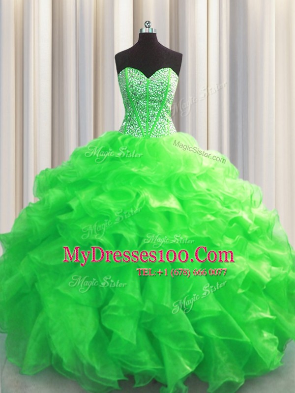 Sophisticated Visible Boning Green Sleeveless Organza Lace Up Sweet 16 Dresses for Military Ball and Sweet 16 and Quinceanera