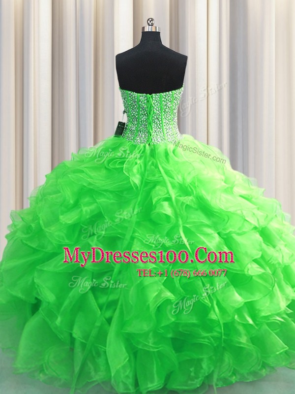 Sophisticated Visible Boning Green Sleeveless Organza Lace Up Sweet 16 Dresses for Military Ball and Sweet 16 and Quinceanera