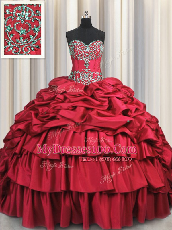 Glamorous Lace Up 15th Birthday Dress Wine Red for Military Ball and Sweet 16 and Quinceanera with Beading and Embroidery and Ruffled Layers and Pick Ups Brush Train