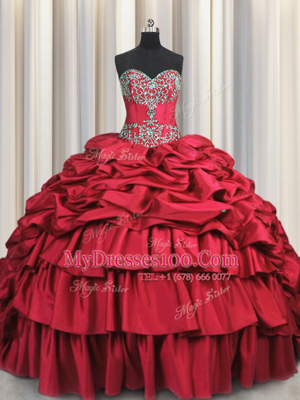 Glamorous Lace Up 15th Birthday Dress Wine Red for Military Ball and Sweet 16 and Quinceanera with Beading and Embroidery and Ruffled Layers and Pick Ups Brush Train