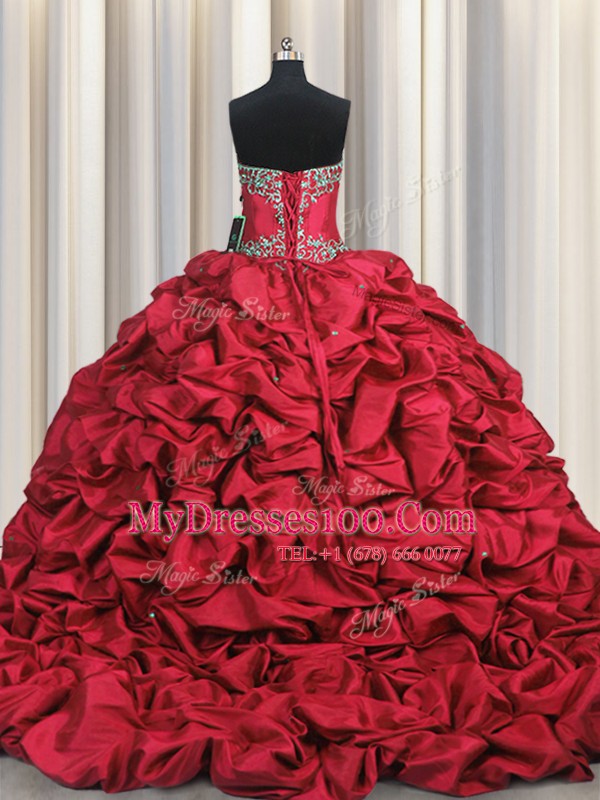 Glamorous Lace Up 15th Birthday Dress Wine Red for Military Ball and Sweet 16 and Quinceanera with Beading and Embroidery and Ruffled Layers and Pick Ups Brush Train