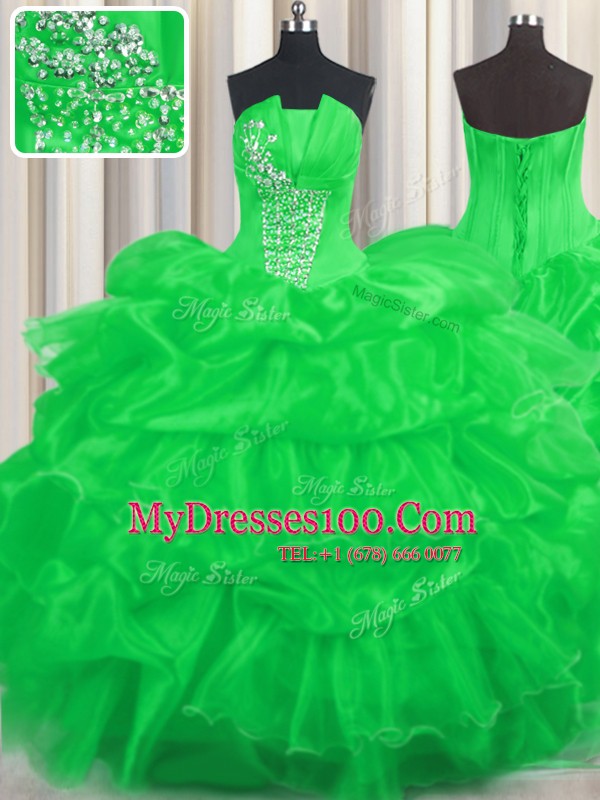 Super Green Ball Gowns Beading and Ruffled Layers and Pick Ups Quinceanera Gowns Lace Up Organza Sleeveless Floor Length