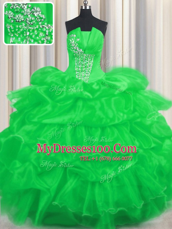 Super Green Ball Gowns Beading and Ruffled Layers and Pick Ups Quinceanera Gowns Lace Up Organza Sleeveless Floor Length