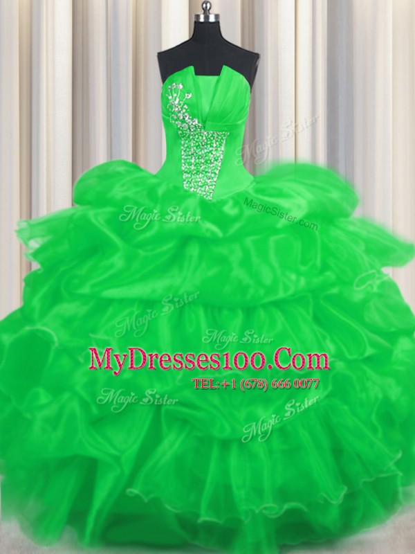Super Green Ball Gowns Beading and Ruffled Layers and Pick Ups Quinceanera Gowns Lace Up Organza Sleeveless Floor Length