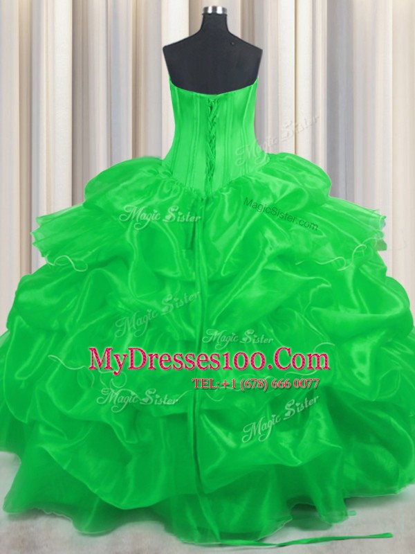Super Green Ball Gowns Beading and Ruffled Layers and Pick Ups Quinceanera Gowns Lace Up Organza Sleeveless Floor Length