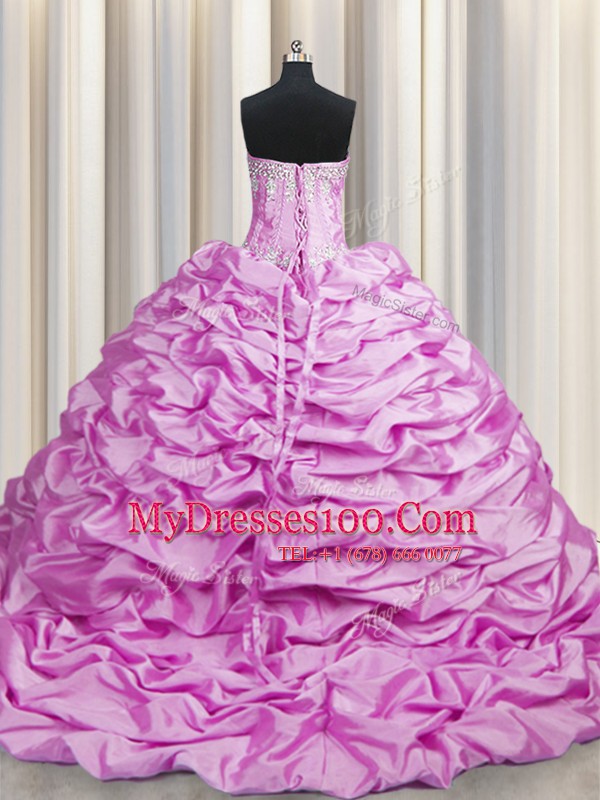 Dazzling Sweetheart Sleeveless Taffeta Sweet 16 Dresses Beading and Pick Ups Brush Train Lace Up