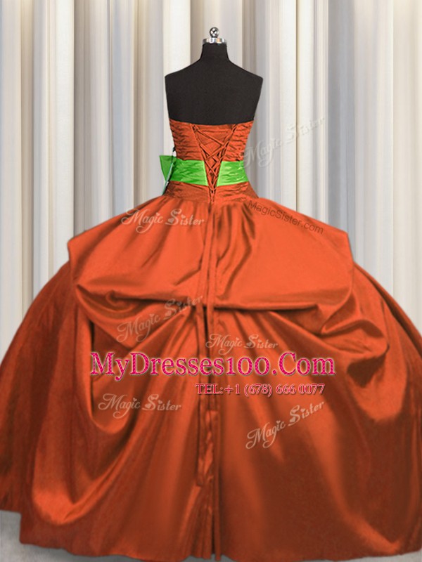Rust Red Ball Gowns Strapless Sleeveless Taffeta Floor Length Lace Up Beading and Ruching and Bowknot Sweet 16 Quinceanera Dress