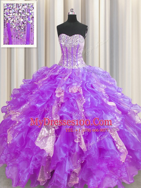 Sequins Visible Boning Sweetheart Sleeveless Lace Up Quinceanera Dress Lavender Organza and Sequined