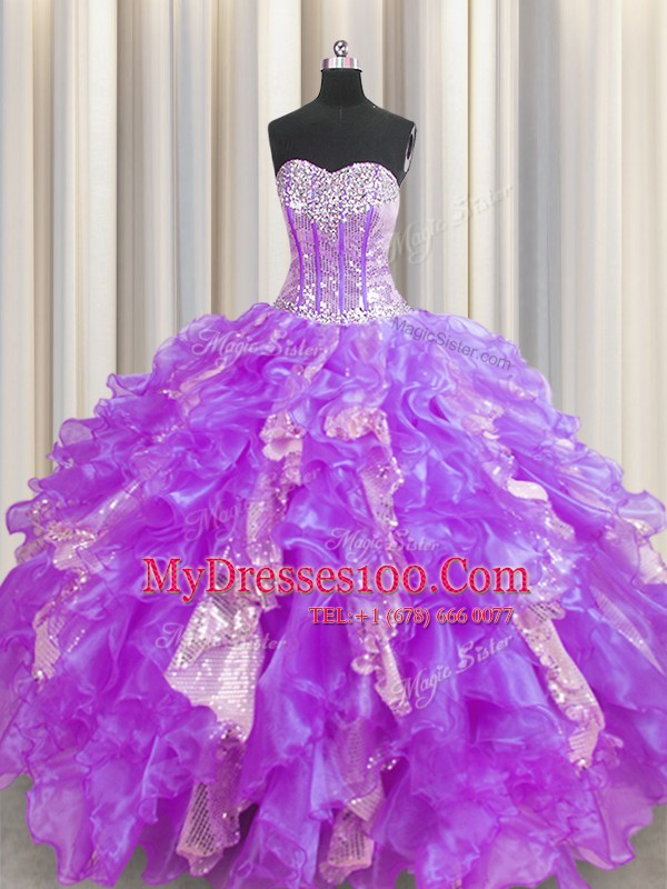 Sequins Visible Boning Sweetheart Sleeveless Lace Up Quinceanera Dress Lavender Organza and Sequined