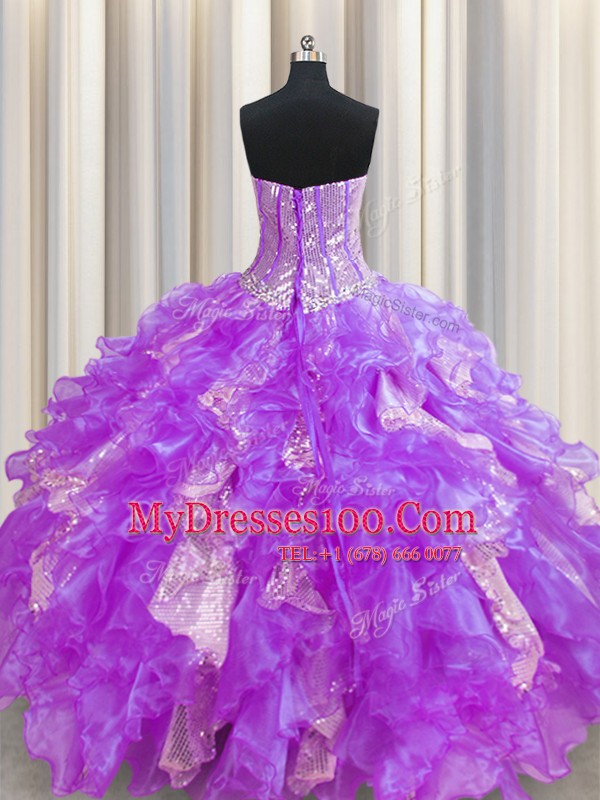 Sequins Visible Boning Sweetheart Sleeveless Lace Up Quinceanera Dress Lavender Organza and Sequined