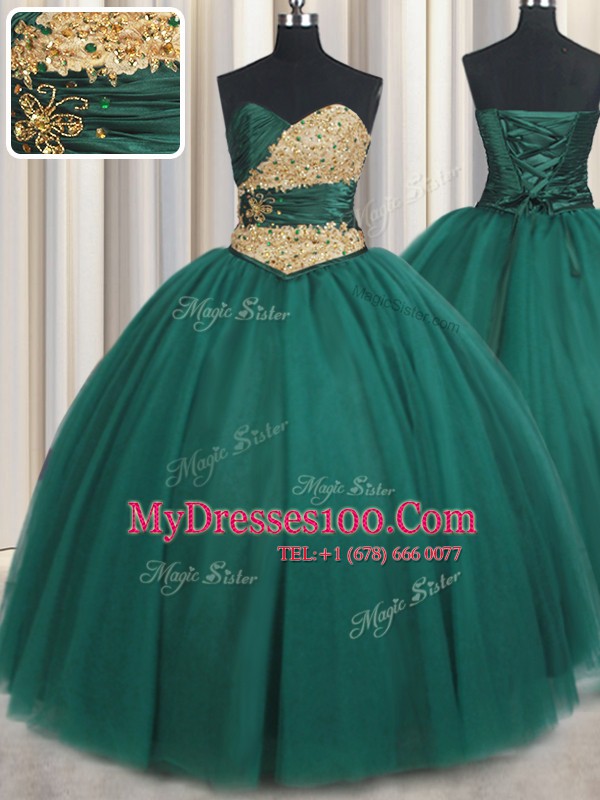 Trendy Peacock Green Sleeveless Floor Length Beading and Appliques Lace Up Quinceanera Dresses