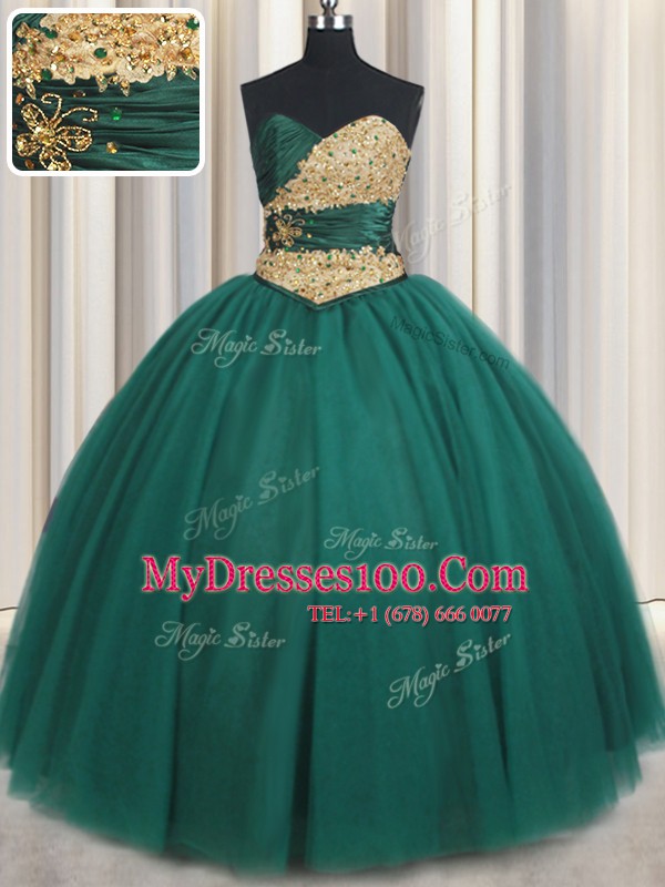 Trendy Peacock Green Sleeveless Floor Length Beading and Appliques Lace Up Quinceanera Dresses