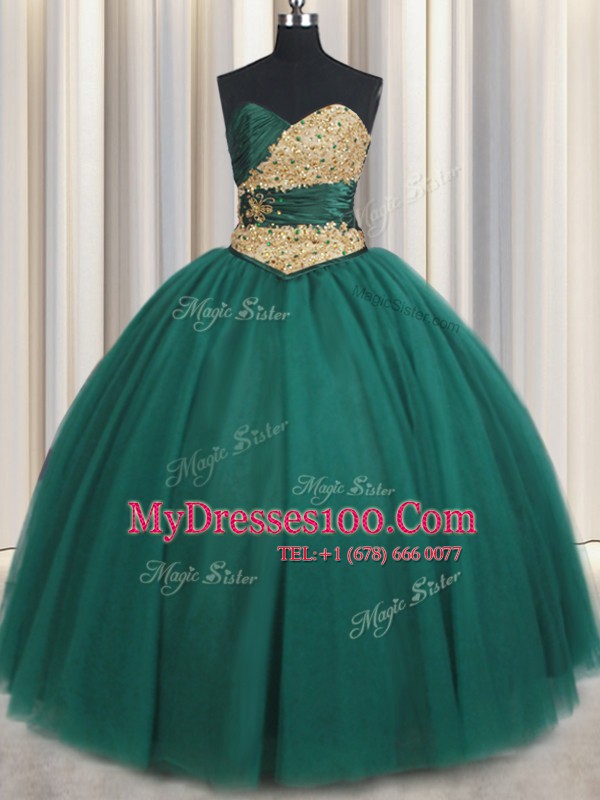 Trendy Peacock Green Sleeveless Floor Length Beading and Appliques Lace Up Quinceanera Dresses