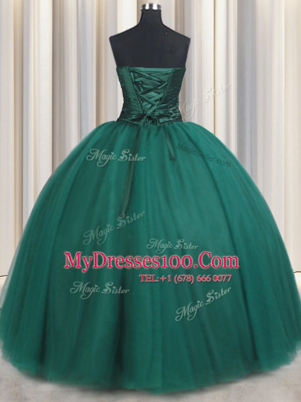 Trendy Peacock Green Sleeveless Floor Length Beading and Appliques Lace Up Quinceanera Dresses
