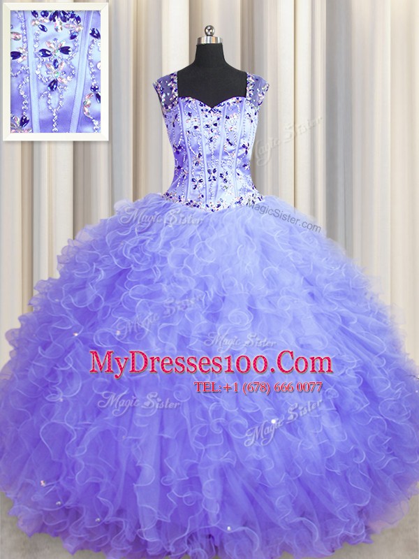 See Through Zipper Up Lavender Square Zipper Beading and Ruffles Quinceanera Gown Sleeveless