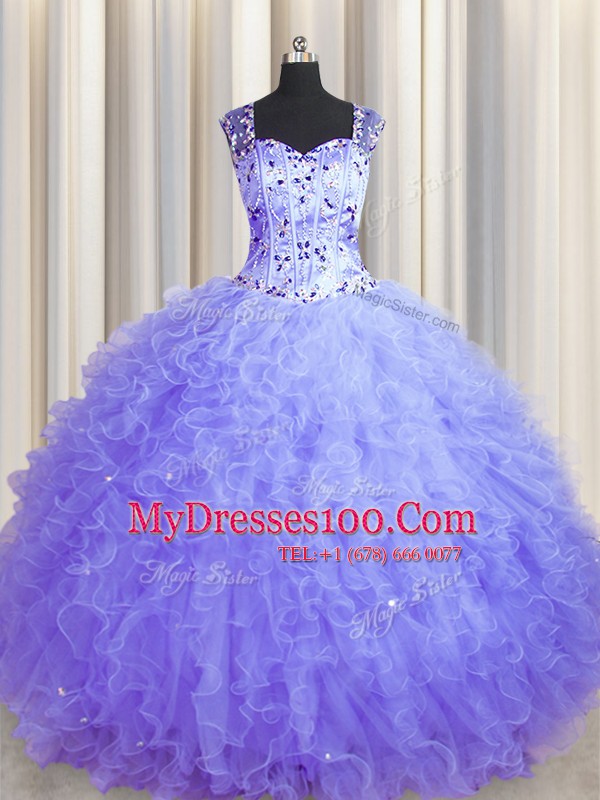 See Through Zipper Up Lavender Square Zipper Beading and Ruffles Quinceanera Gown Sleeveless