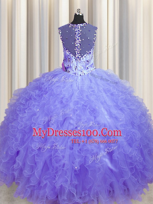See Through Zipper Up Lavender Square Zipper Beading and Ruffles Quinceanera Gown Sleeveless