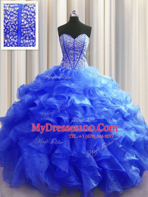 Decent Visible Boning Royal Blue Sleeveless Floor Length Beading and Ruffles Lace Up Quinceanera Dresses